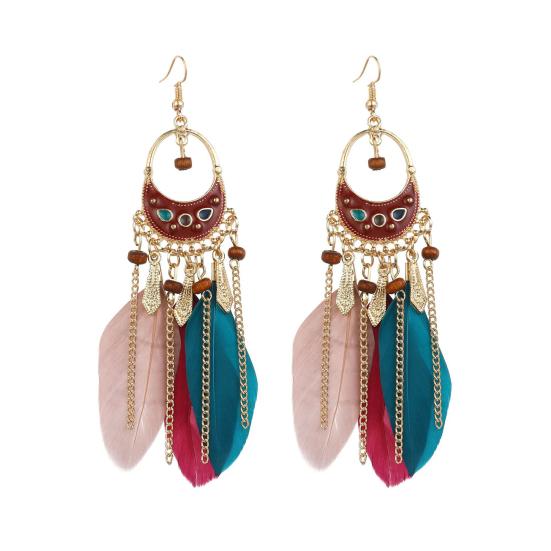 1 Pair Beads Multicolor Retro Drop Earrings Bohemian Long Feather Hook Earrings Party Jewelry
