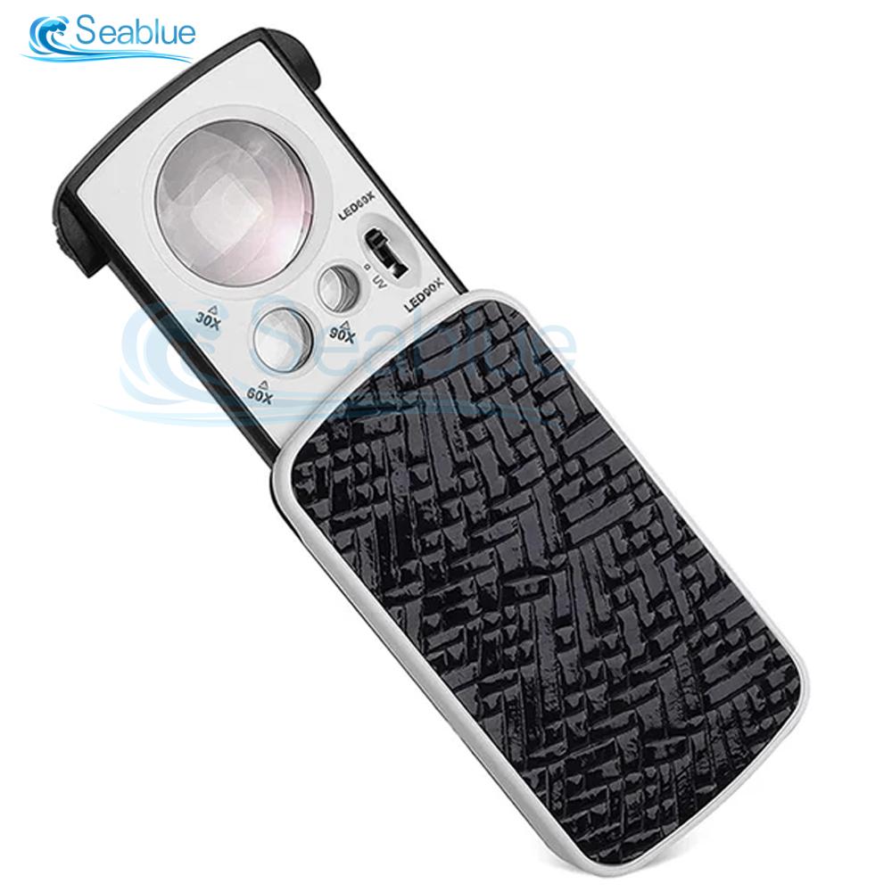 30/60/90X Magnifier Banknote Inspection LED Lamp Pull-out Folding Magnifying Glass Antique Appraisal Jewelry Diamond Repair Tool