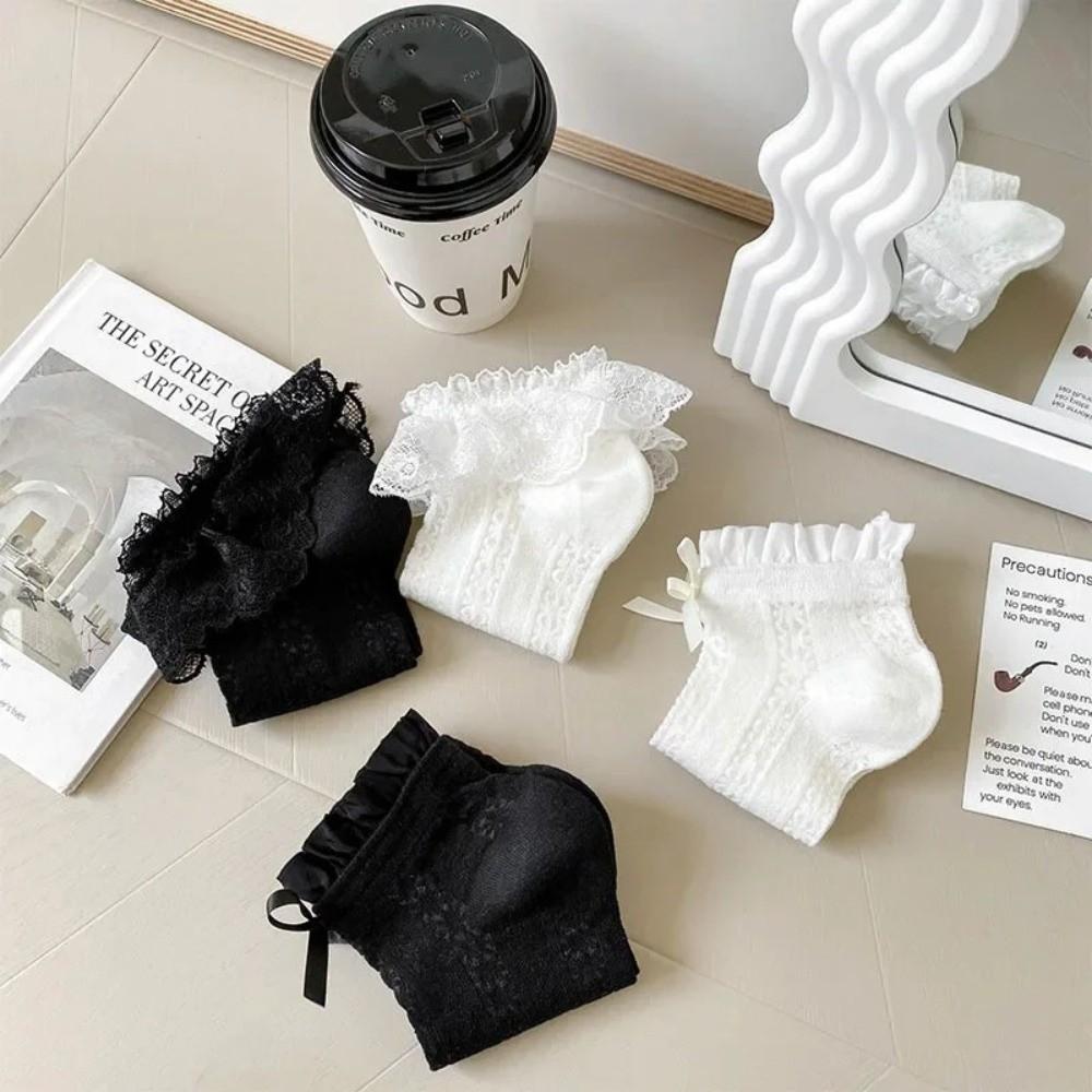 1 pair Hollow Out Mesh Princess Bow Socks Breathable Ruffle Lace Socks Low Tube Socks Women Girls