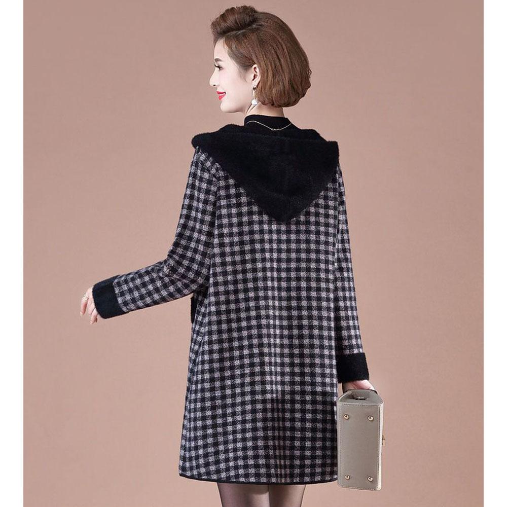 Dámský větrovník Podzimní Hrubý Plyšový Teplý Kabát Korejský Volný S Kapucí Dlouhý Kostkovaný Kabát Dámská Fleecová Bunda