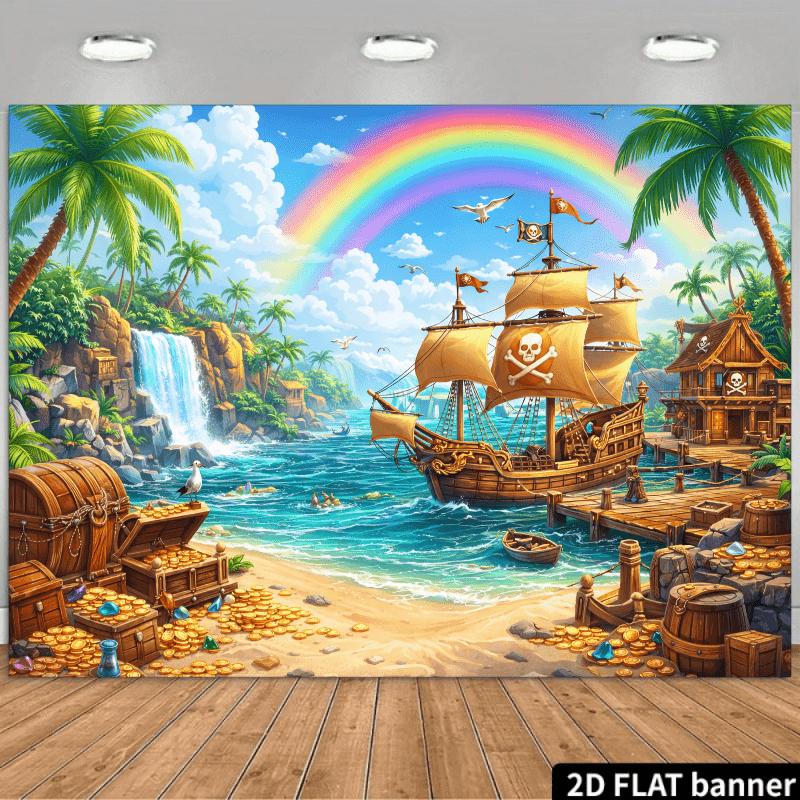 2D Planar Treasure Island-themed Background Fabric Featuring a Pirate Ship Outdoors and Studio Elements