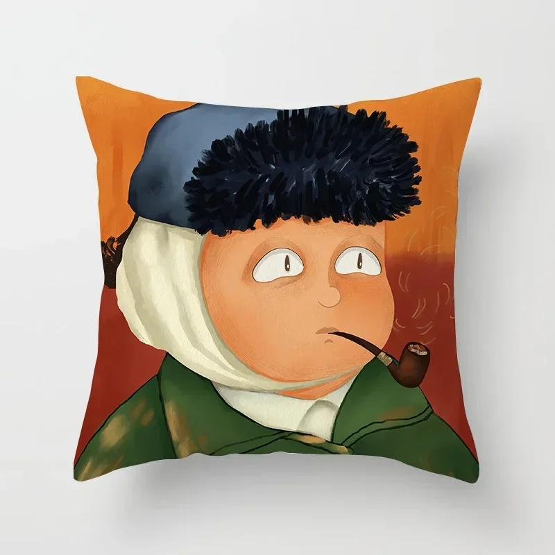 Creative Cartoon Oil Painting Mona Lisa  Gogh Cushion Cover Portrait Painting Throw Pillow Case Cojines Decorativos Para Sofa