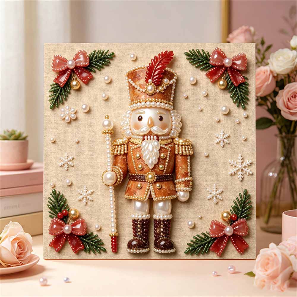 Framed Pearl Art DIY Kit with Christmas Nutcracker Pattern 3D Sparkling Bead Canvas Painting Handmade Gift for Home Decoration Wall Art Craft