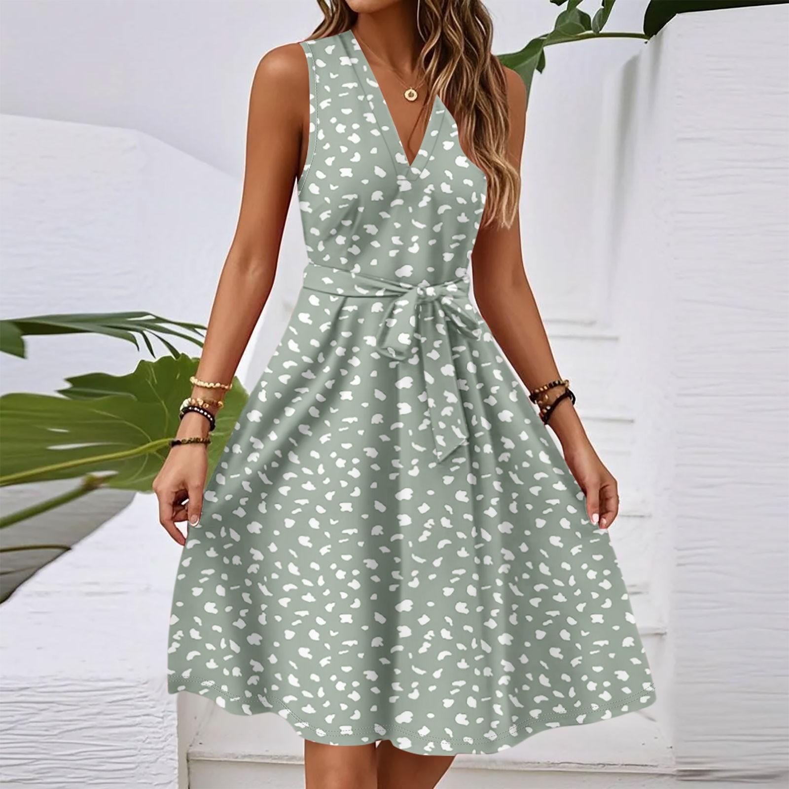 Women s Spring And Summer Casual V-Neck Sleeveless Waist Floral Print Midi Dress M зелёный
