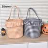 Trick or Treat Baskets Halloween Basket, Plaid Ruffle Candy Bucket with Handle Bags for Kids Kids, Reusable Gingham Fabric Storage Basket Party Favors