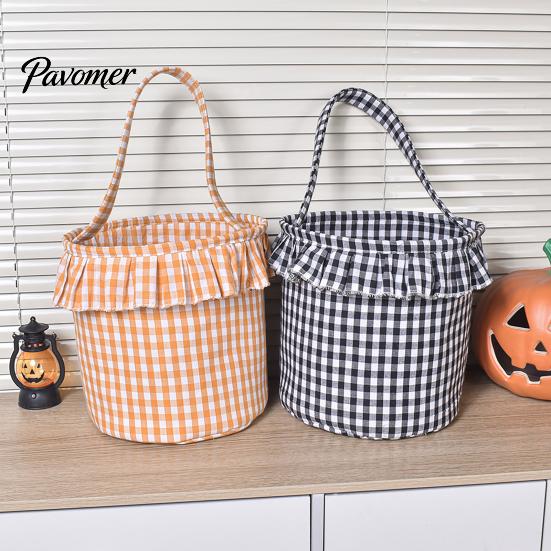 Trick or Treat Baskets Halloween Basket, Plaid Ruffle Candy Bucket with Handle Bags for Kids Kids, Reusable Gingham Fabric Storage Basket Party Favors