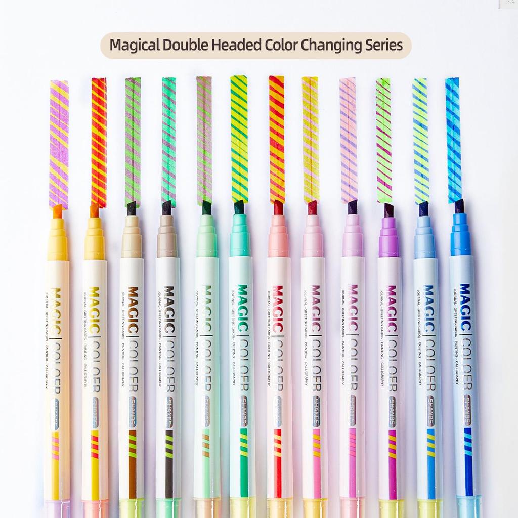 12-Color Double-Ended Fluorescent Pen Set - Color-Changing Highlight & Art Markers for Students