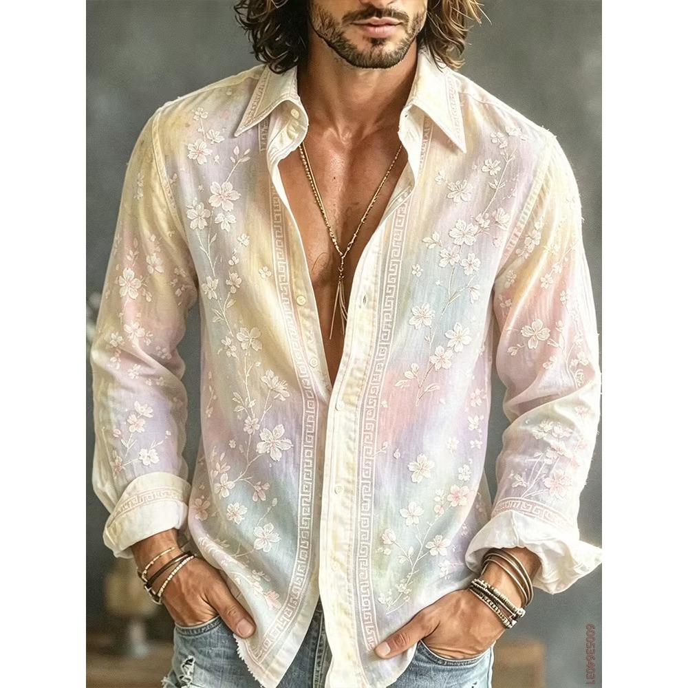 Men's Long Sleeved Shirt with Sun Rainbow Print Top, Versatile for Vacation and Travel, Fashionable and Comfortable Casual Shirt