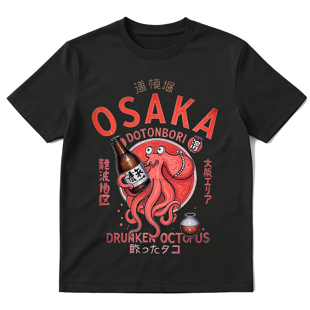 Japanischer Stil Osaka Dotonbori Betrunkener Oktopus Lustiges Meme T-Shirts Unisex WoUnisex Retro Harajuku Oversized Baumwoll-T-Shirt Streetwear
