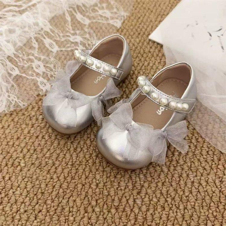 Girls leather shoes baby lace pearl princess shoes 2025 spring and autumn new little girl versatile princess style small leather shoes