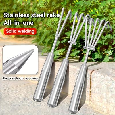 Thickened Stainless Steel Rake Set with a Conical Sharp Tooth Design, Ideal for Beach Digging And Clam Harvesting. Features a Mirror-End