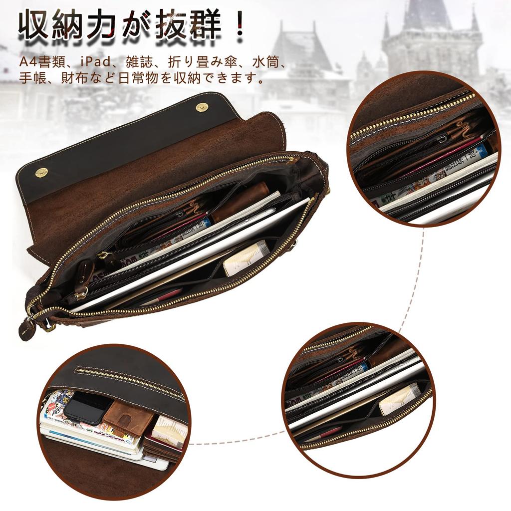Luufan Men's Genuine Leather Shoulder Bag, A4 Size, Messenger Bag, Large Capacity, Leather Crossbody Bag with Flap, Durable, Retro Design, Dark Brown