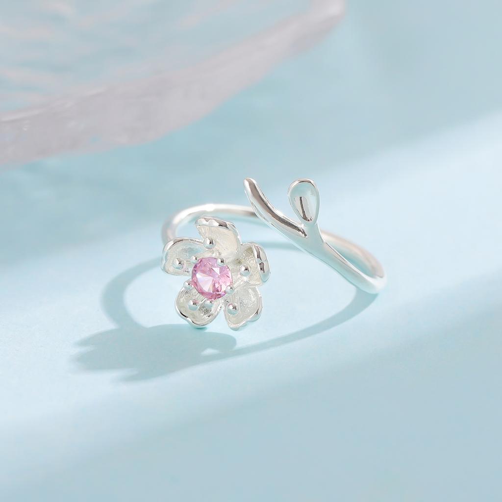 925 Silver Pink Crystal Flower Opening Ring for Women Fashion Jewelry R380