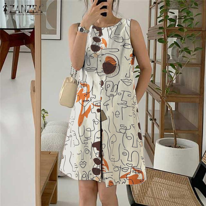 ZANZEA Women Casual Round Neck Summer Sleeveless Print Dress