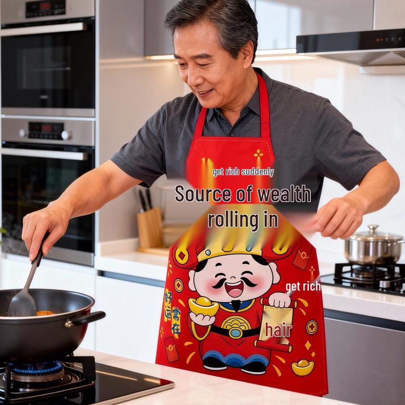 Festive God of Wealth Stain-Proof Kitchen Apron – Welcoming Wealth & Treasures in Polyester