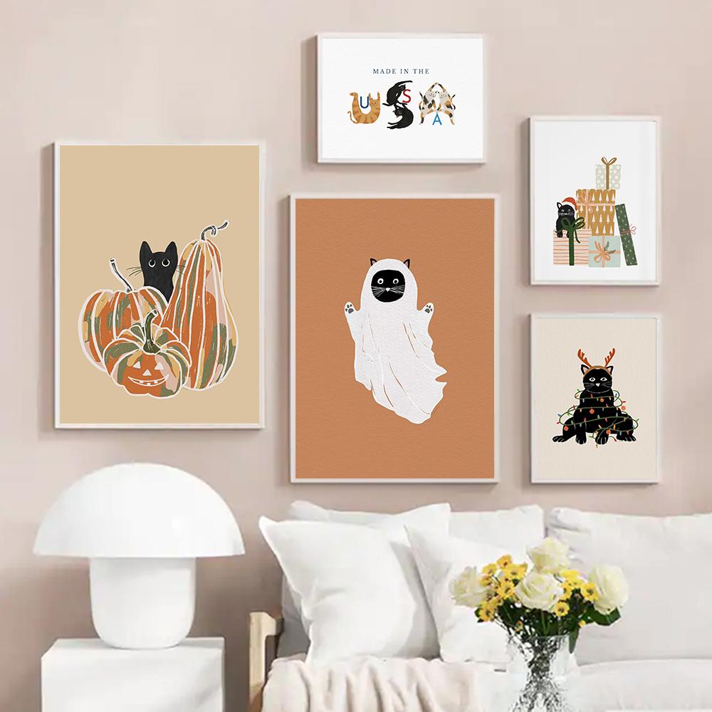 Cartoon Black Cat Ghost Pumpkin Wall Art Canvas Painting Nordic Posters And Prints Halloween Christmas Pictures Kids Room Decor