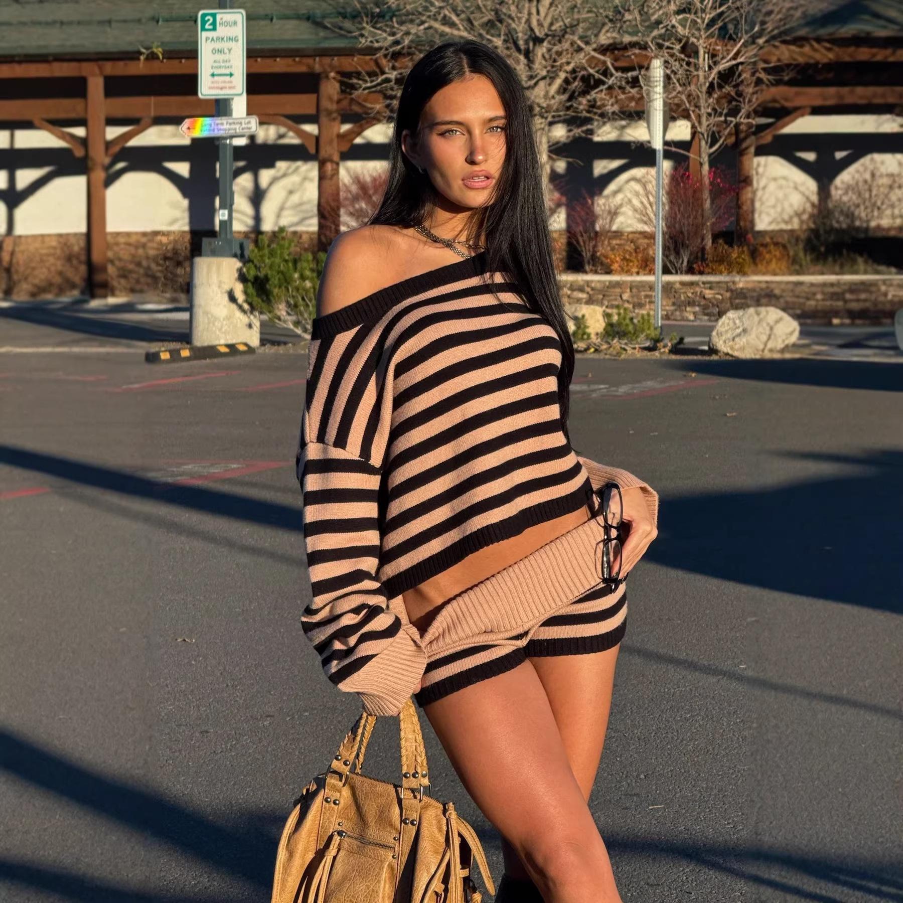 Women s Spring Summer Solid Color Sweater & Short Skirt 2 Piece Set S