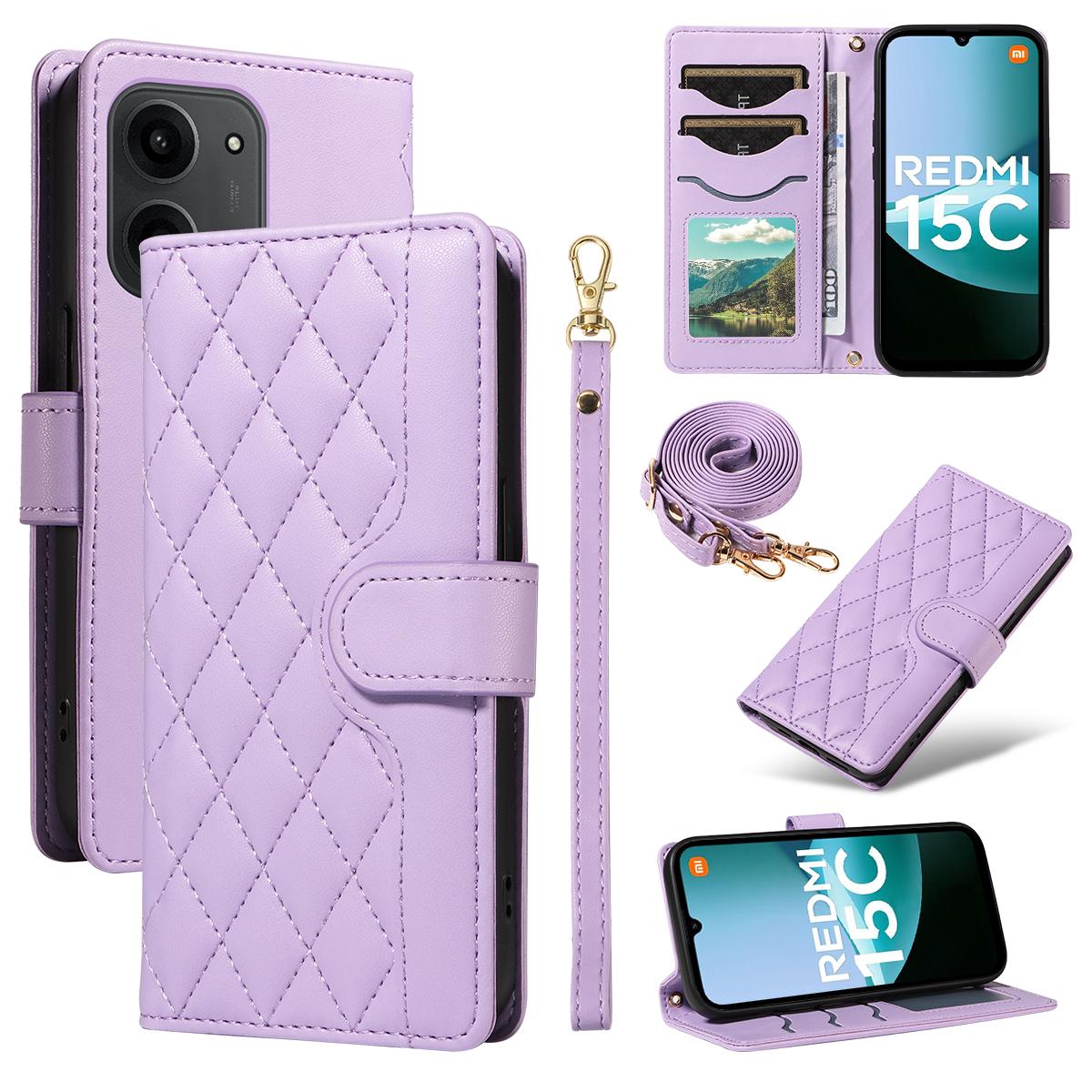 

Для Xiaomi Redmi 15C 4G (173 мм) Чохол-гаманець Ромбоподібний Шкіряний Чохол для телефону з ремінцем Light Purple