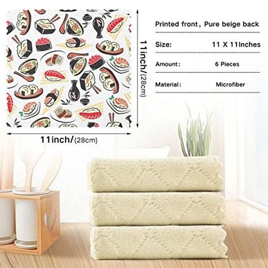 Kitchen Cloth Sushi Japanese Style Traditional Pattern Food Cute Dishcloth Absorbent Quick-drying Stain Removal Dish Wiping Set 6 Tableware Stylish
