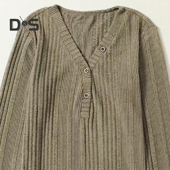Women Autumn Tops Long Sleeve V-Neck Knitting Tops Solid Color Ribbed Casual Knitting Shirt Daily Wear