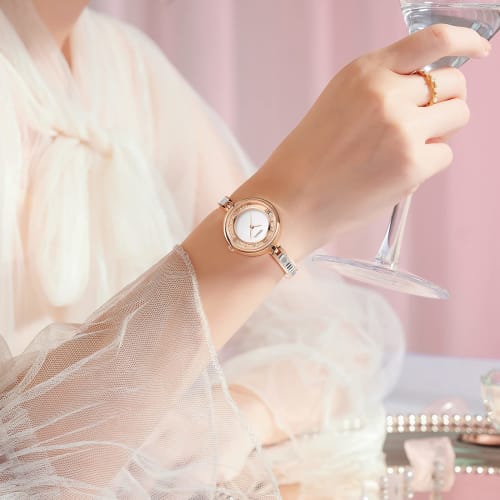 Women's Crystal Bracelet Bangle Watch with Analog Display, Diamonds, Roman Alphabet, and Sparkling Design. Cute, Stylish, and Simple Rose Gold Fashion