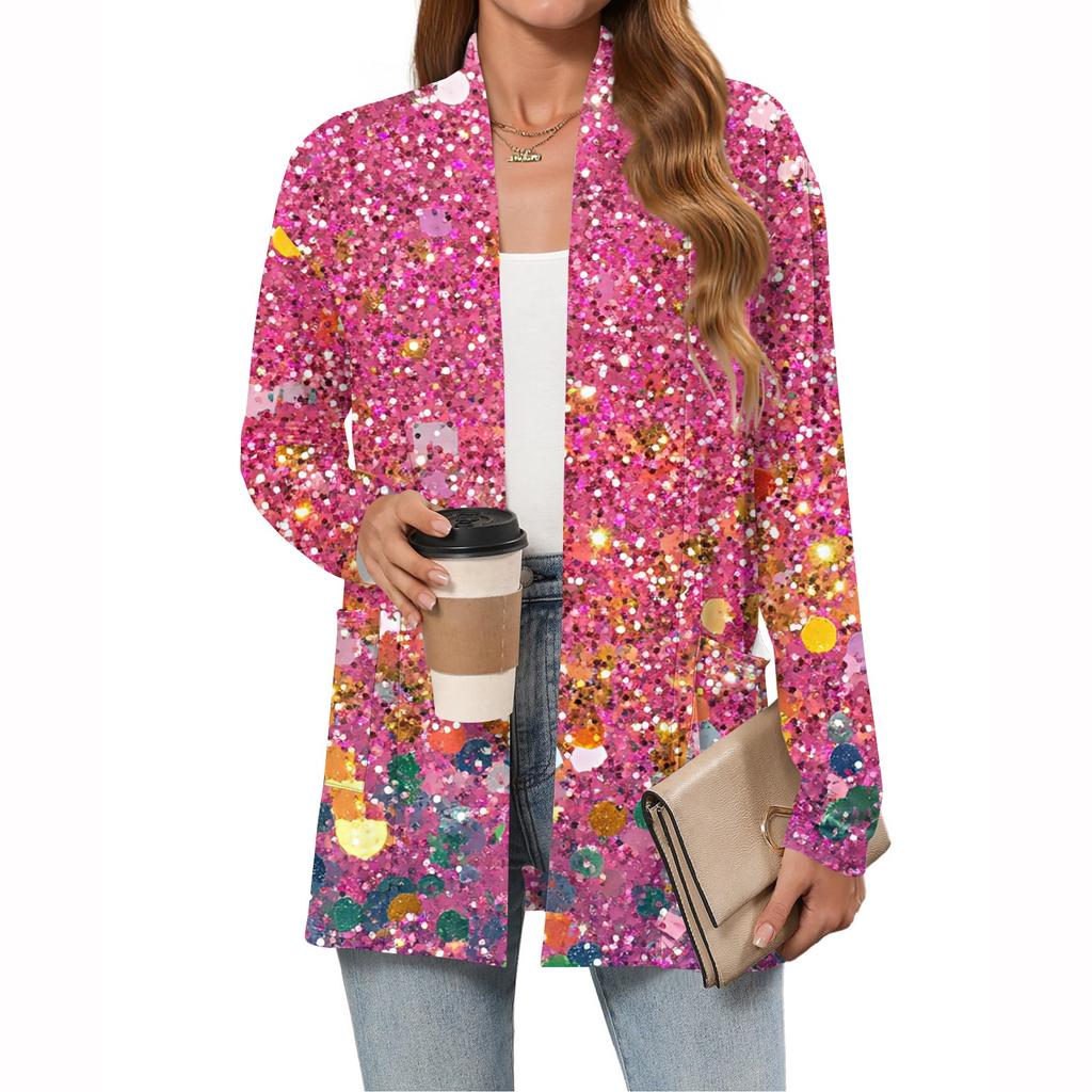 Damen Weihnachten Bedruckter Leichter Cardigan Langärmlig Lässig Locker Dünne Passform Mit Taschen Cardigan Jacke