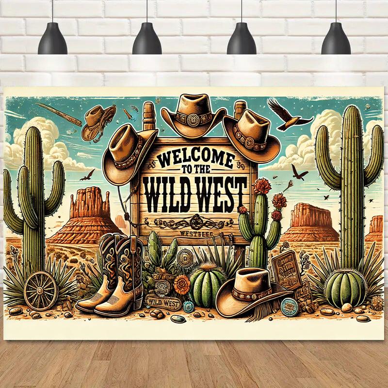 Welcome to the Wild West - a vibrant Western-themed polyester collection featuring cowboy hats, boots and desert landscapes 100x150cm