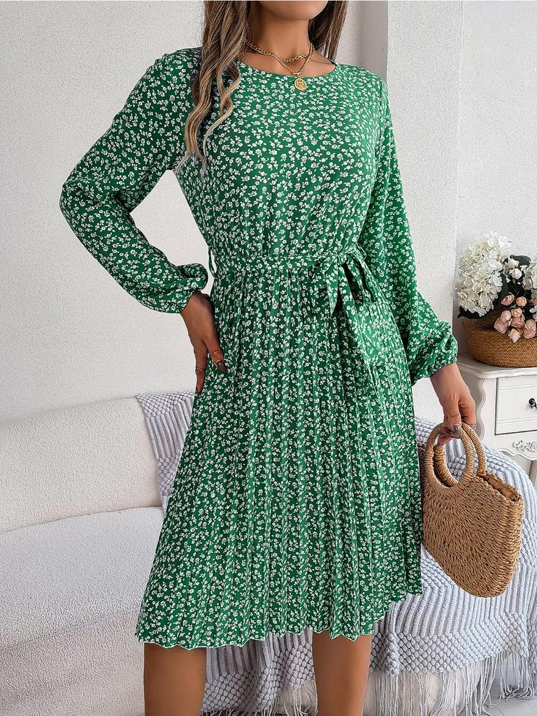 Ins Leisure Long Sleeved Floral Pleated Skirt Plus Size Dresses for Women Red Dresses for Women Elegant