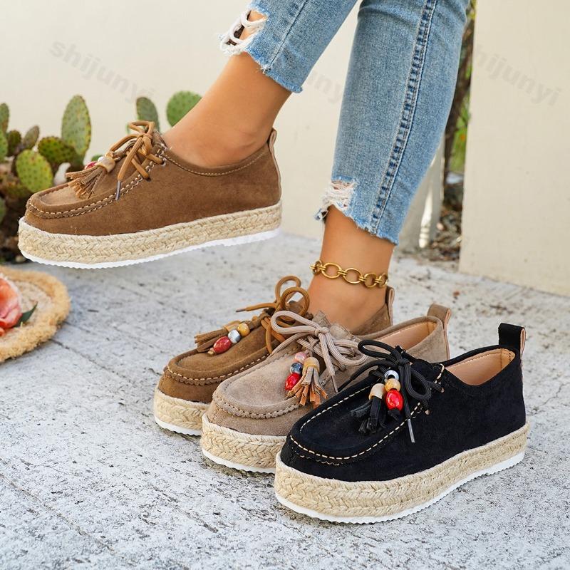 Women's Platform Casual Shoes Autumn Vintage String Bead Fashion Single Shoes Height Increase Outdoor Non Slip Vulcanized Shoes
