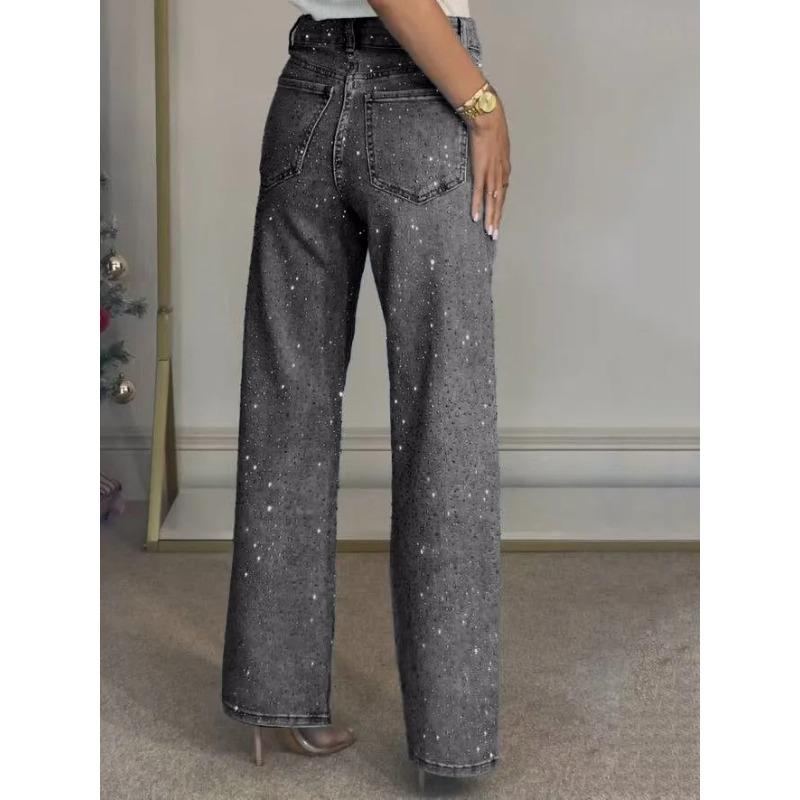 Shiny Rhinestone Jeans Pants Sexy Women High Waist Elegant Night Club Diamonds Denim Straight Trousers