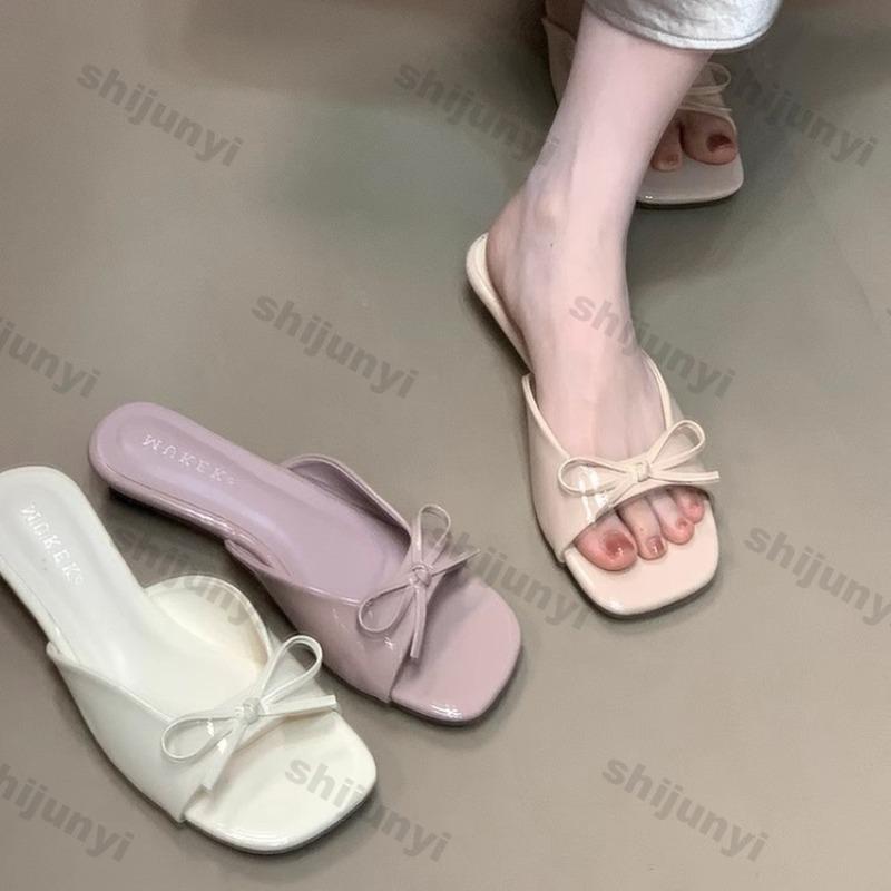 Fashion Square Toe Flat Sandals 2025 Summer New Slip On Fashion Bow-knot One Word Slippers Lightweight Comfortable Casual Shoes
