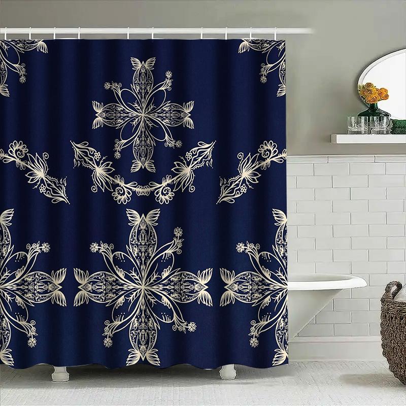 White Floral Shower Curtain Dark Navy Blue Polyester Waterproof Bath Decorative Home Accessories Decoration