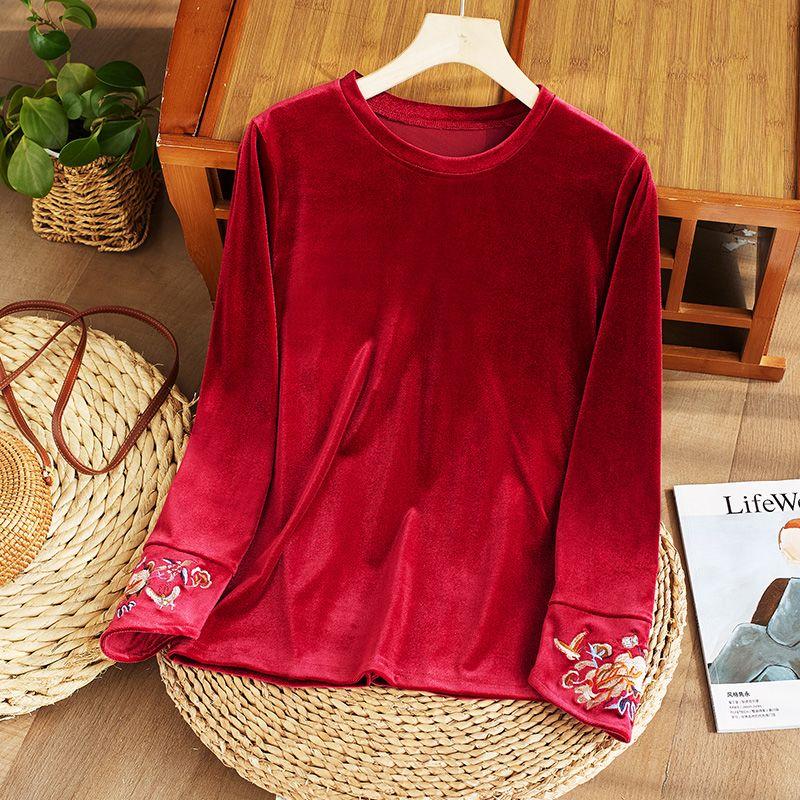 Women's Embroidered Velvet Blouse  Autumn Winter Crew Neck Long-sleeve Velvet T-shirt Solid Color Pullover