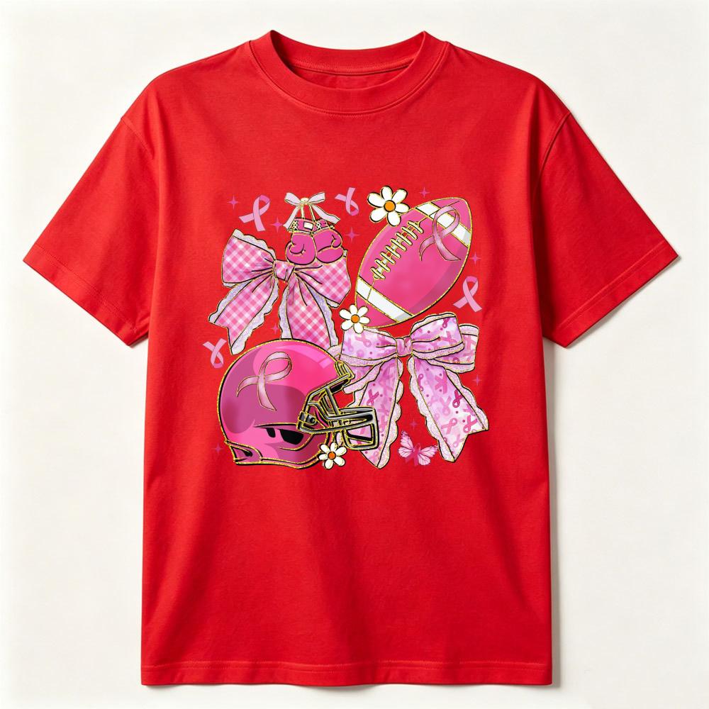 Preppy Football Breast Cancer Graphic T Shirt Coquette Breast Cancer Awareness Tee Ribbon Cheer Football Mom Girly Game Day Tops