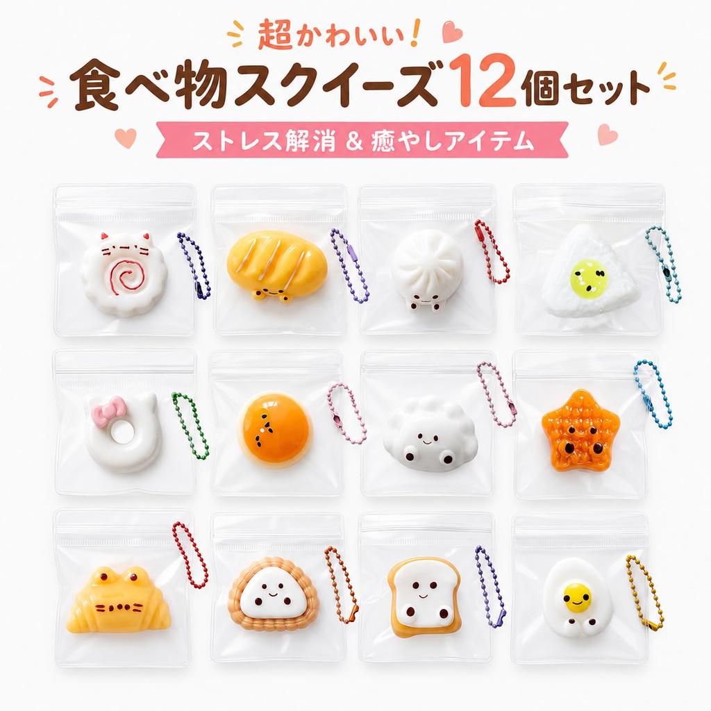 Mini Squeeze Set of Food Soft Stress Relief with Bag Perfect Gift for Kids and Adults Keychains, 12, Theme, Water-Sensation Squeeze, Touch, Toy,