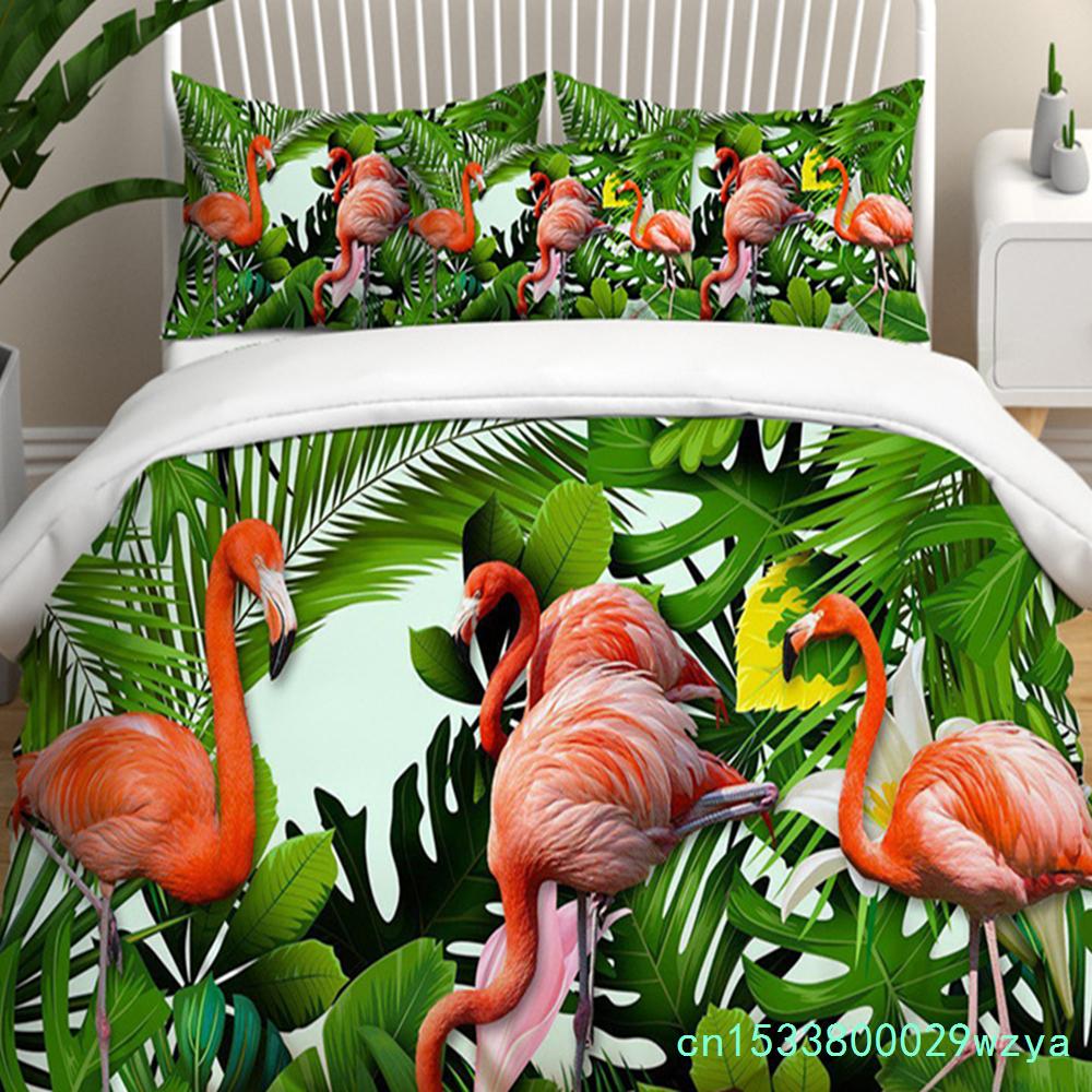 Modern Flamingo Pineapple Print Bedding Set Queen Tropical Plants Leaves Flowers Duvet Cover Hawaiian Islands Floral Pillowcases