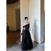 Black slanted shoulder streamer large skirt dress women's summer temperament waist pinching and thin shoulder dress
