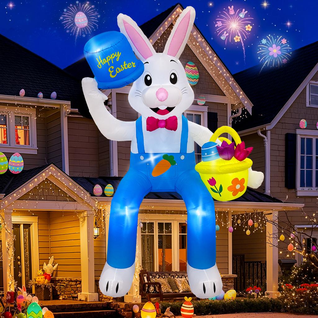 8ft Giant Inflatable Easter Bunny with LED Lights Outdoor Yard Decoration Blow up White Rabbit with Top Hat and Basket