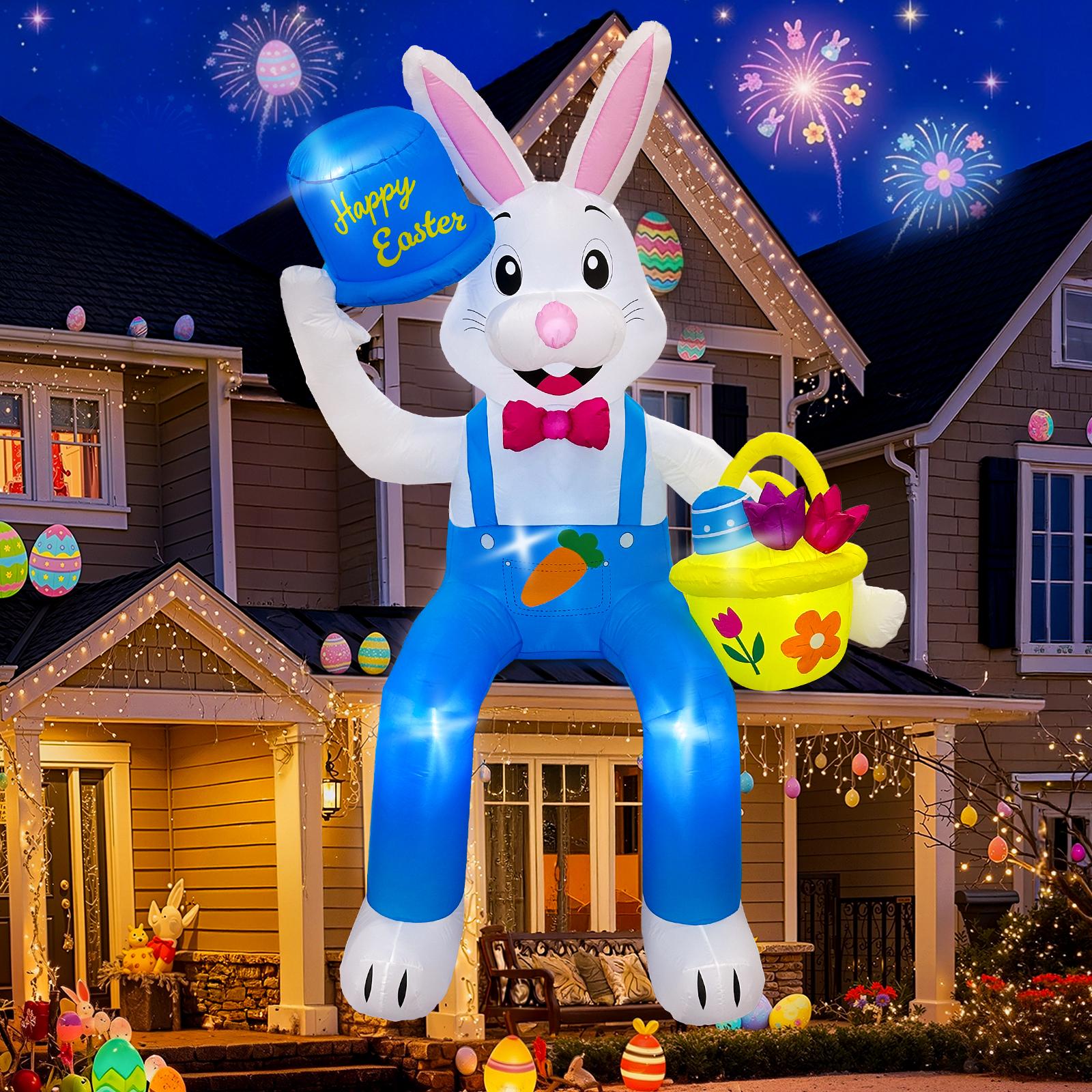 8ft Giant Inflatable Easter Bunny with LED Lights Outdoor Yard Decoration Blow up White Rabbit with Top Hat and Basket 3.5TF чёрный