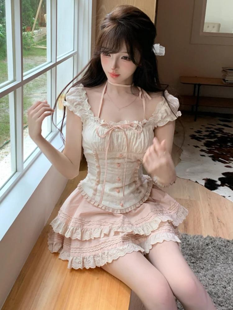 Summer Sweet Slash Neck Slim 2-piece Set Women Fashion Cute Off Shoulder Lace Up Tops Pretty Chic Lovely Lace Short Skirt New
