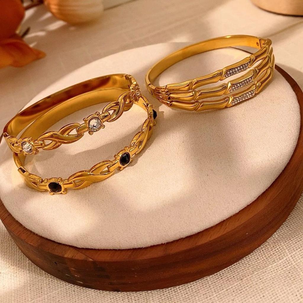 CARLIDANA Fashion Jewelry New Style Zircon Clip Bangle Gold Plated Women C-Shaped Opening Stainless Steel Non-Fading Bracelet