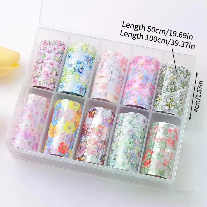 10 Rouleaux/boîte Feuilles de Transfert pour Ongles Rose Fleurie Papier Autocollant Autocollants Floraux Wraps pour Ongles Autocollants Nail Art Papillon Ciel Autocollant pour Ongles