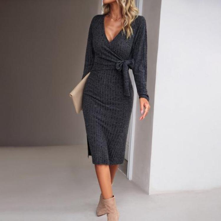 Women Cross V Neck Lace Up Sheath Dress Long Sleeves Knee Length Knitted Elastic Midi Dress Slim Fit Spring Fall Dress