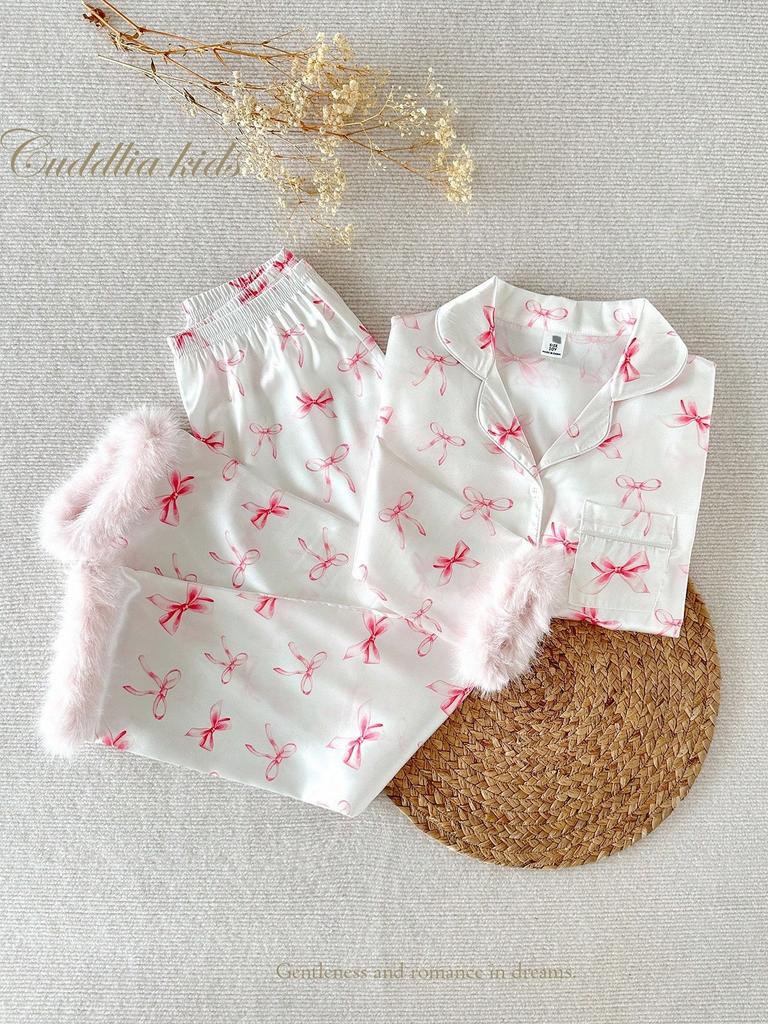 Girls' Pink And White Satin Pajama Set, Cute Pink Bow Print Open Front Collar Long Sleeve Top & Pants Winter Nighties With Fuzzy Cuff, 8Y-12Y Fall