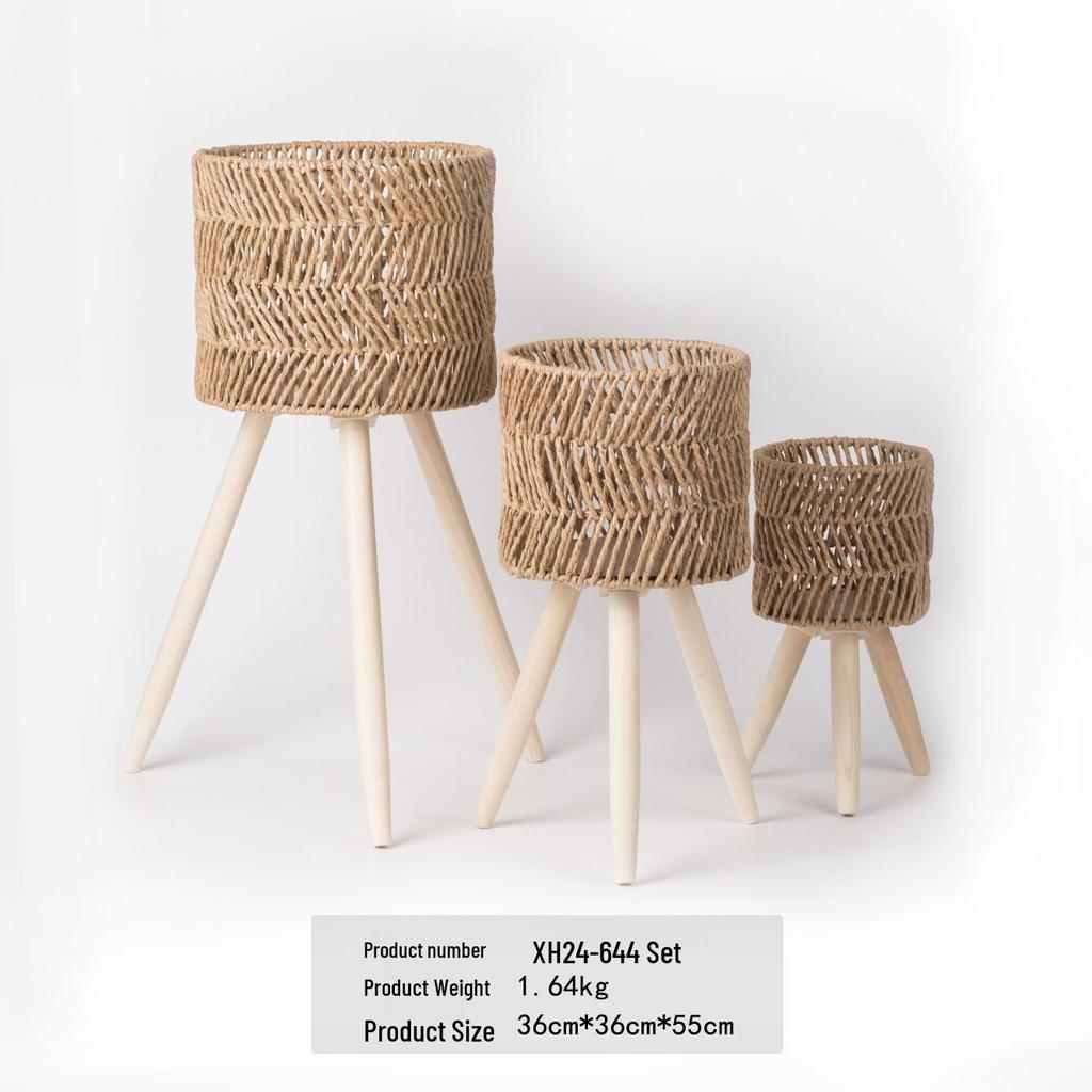 Nordic Rattan Woven Plant Stand - Handmade High-Leg Wooden Flower Pot for Indoor/ Balcony/ Living Room.