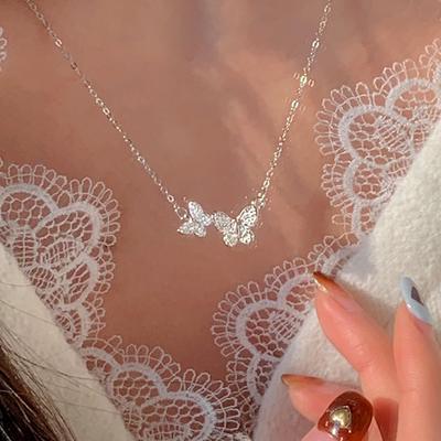 Flash Diamond Double Butterfly Necklace Women's Light Luxury Niche Design Sense Zircon Clavicle Chain Stainless Steel