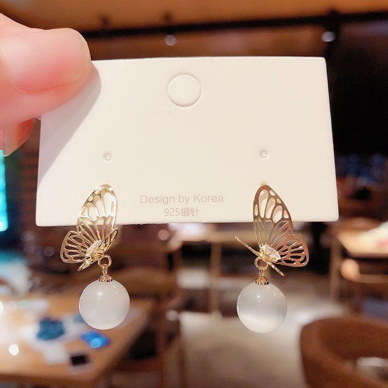 

Серьги-бабочки из серебра 925 пробы с металлическими иглами, женские стильные серьги с кошачьим глазом, персонализированные серьги, универсальные серьги высокого класса