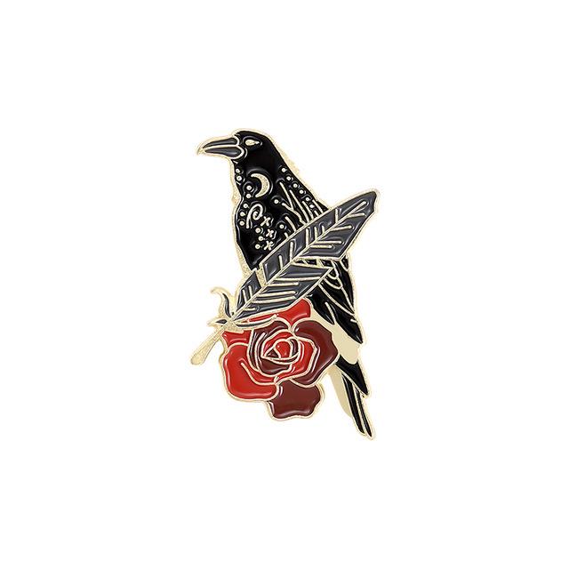 Crescent Ribbon Flower Brooch: Trendy Black Feather Crow Fashion Accessory