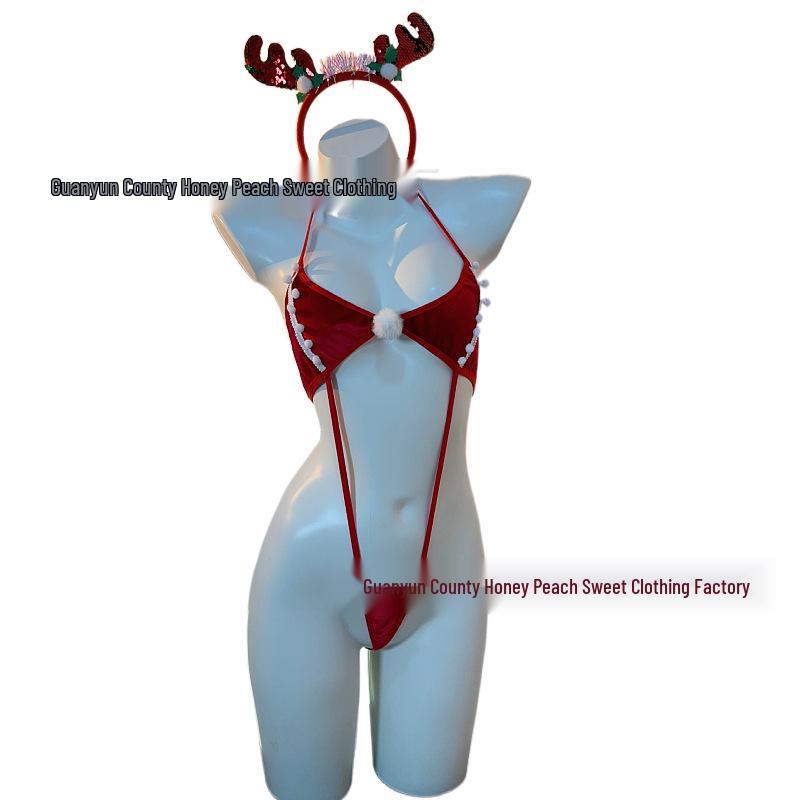 Red Pom-Pom Tie-Up Christmas Lingerie Halter Bodysuit