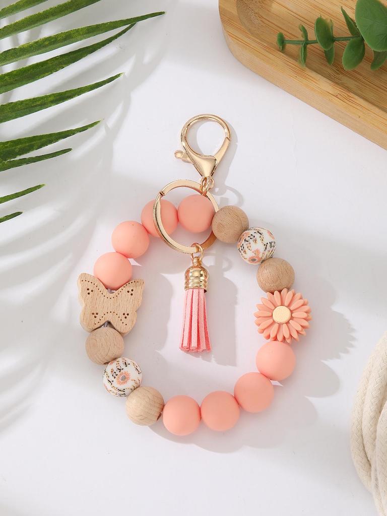 Silicone Beaded Keychain with Daisy, Wooden Butterfly Bracelet & Tassel Pendant